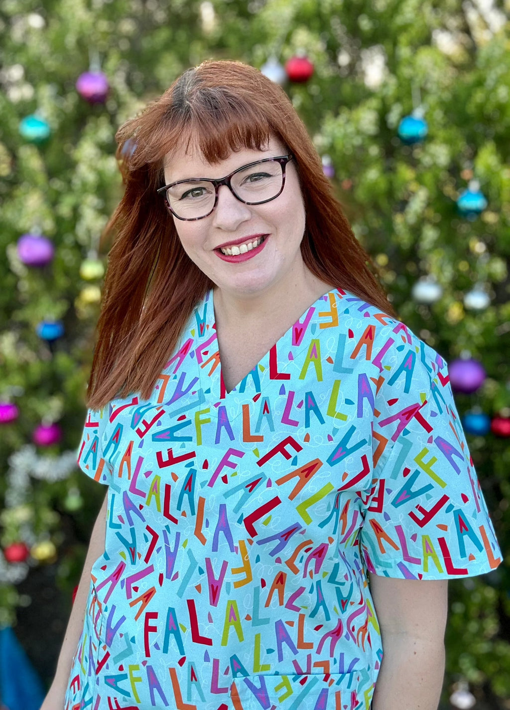 Scrub Top- Christmas Kitties on White