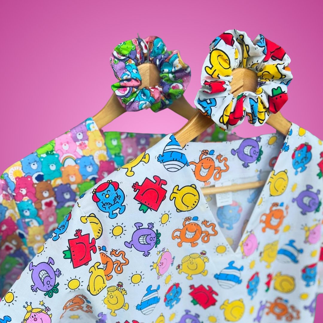 Scrub tops made with fabric supplied by customer