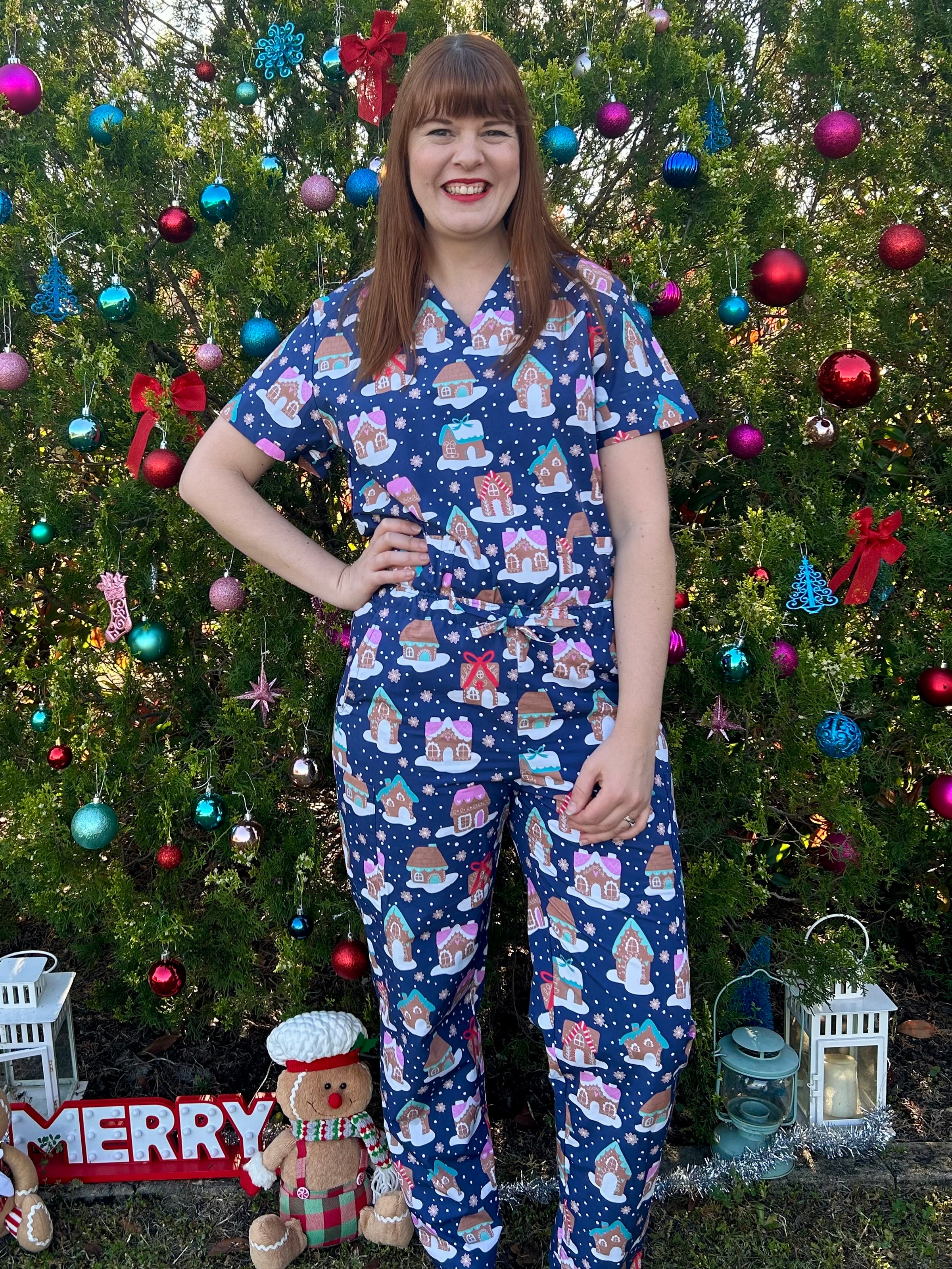 Gingerbread village scrub top