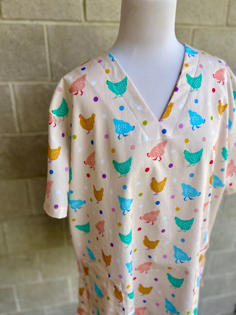 Hen Frolic Scrub top (one left: size XS-XL Only)