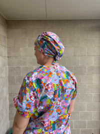 80’s Mash up blue Scrub Cap (for long hair)
