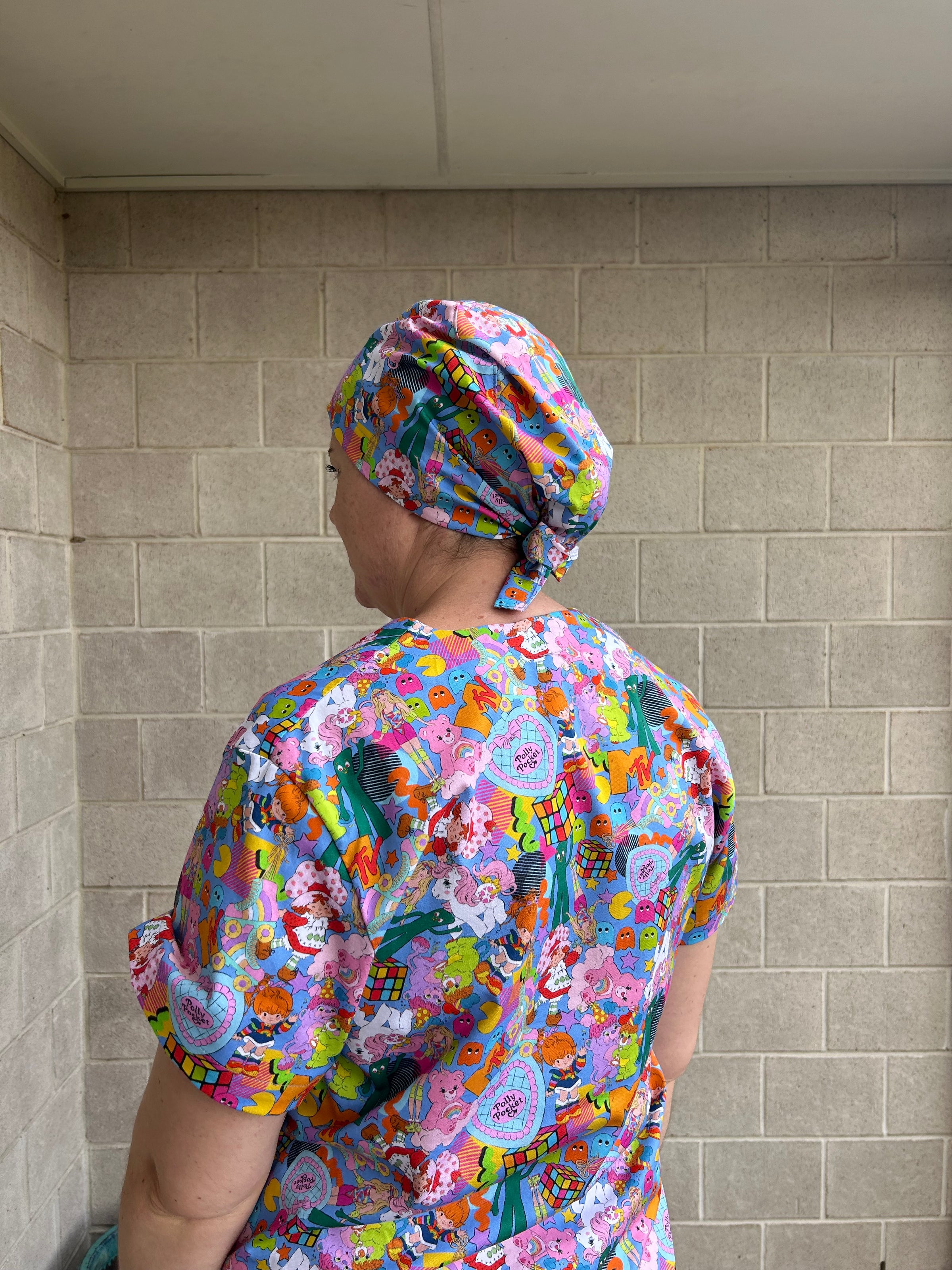 80’s Mash up blue Scrub Cap (for long hair)