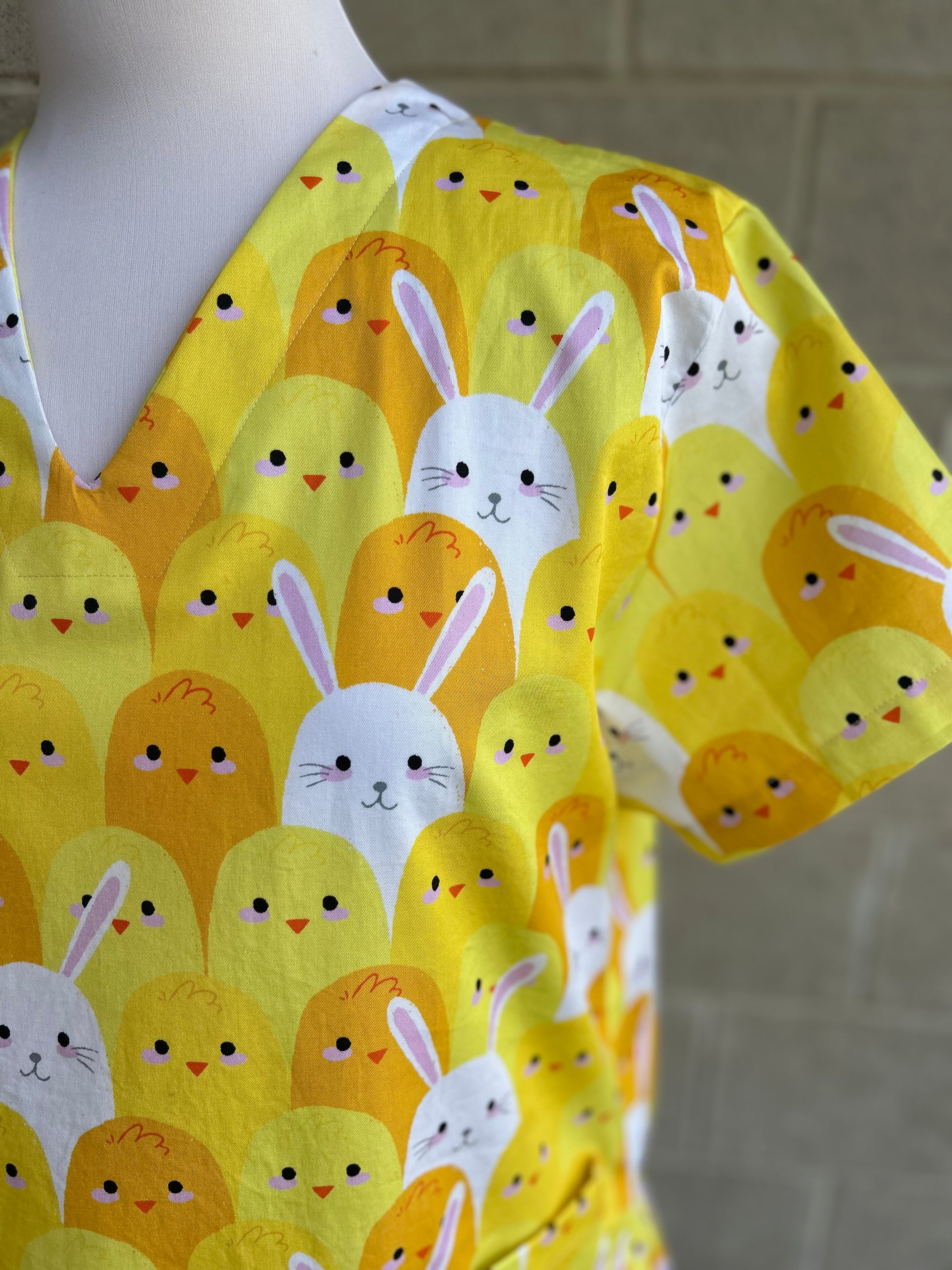 Bunnies and Chickens scrub top ( one left: XS-XXL only)