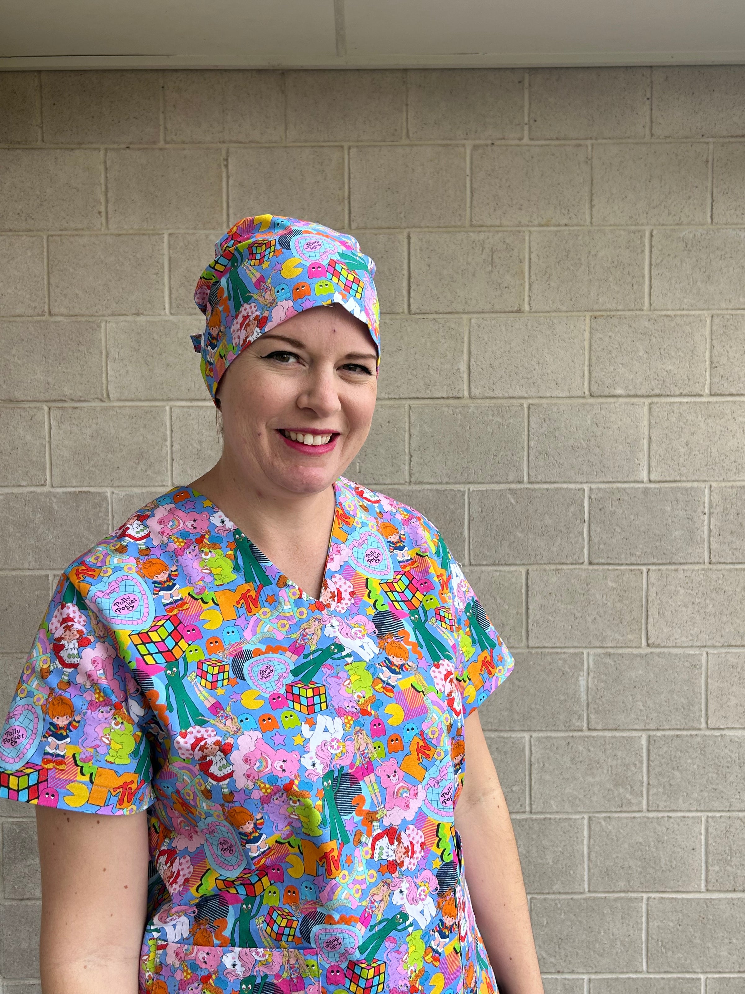 80’s Mash up blue Scrub Cap (for long hair)