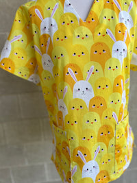 Bunnies and Chickens scrub top ( one left: XS-XXL only)