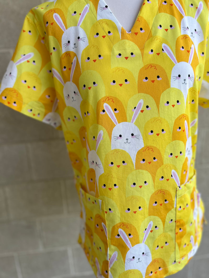 Bunnies and Chickens scrub top ( one left: XS-XXL only)