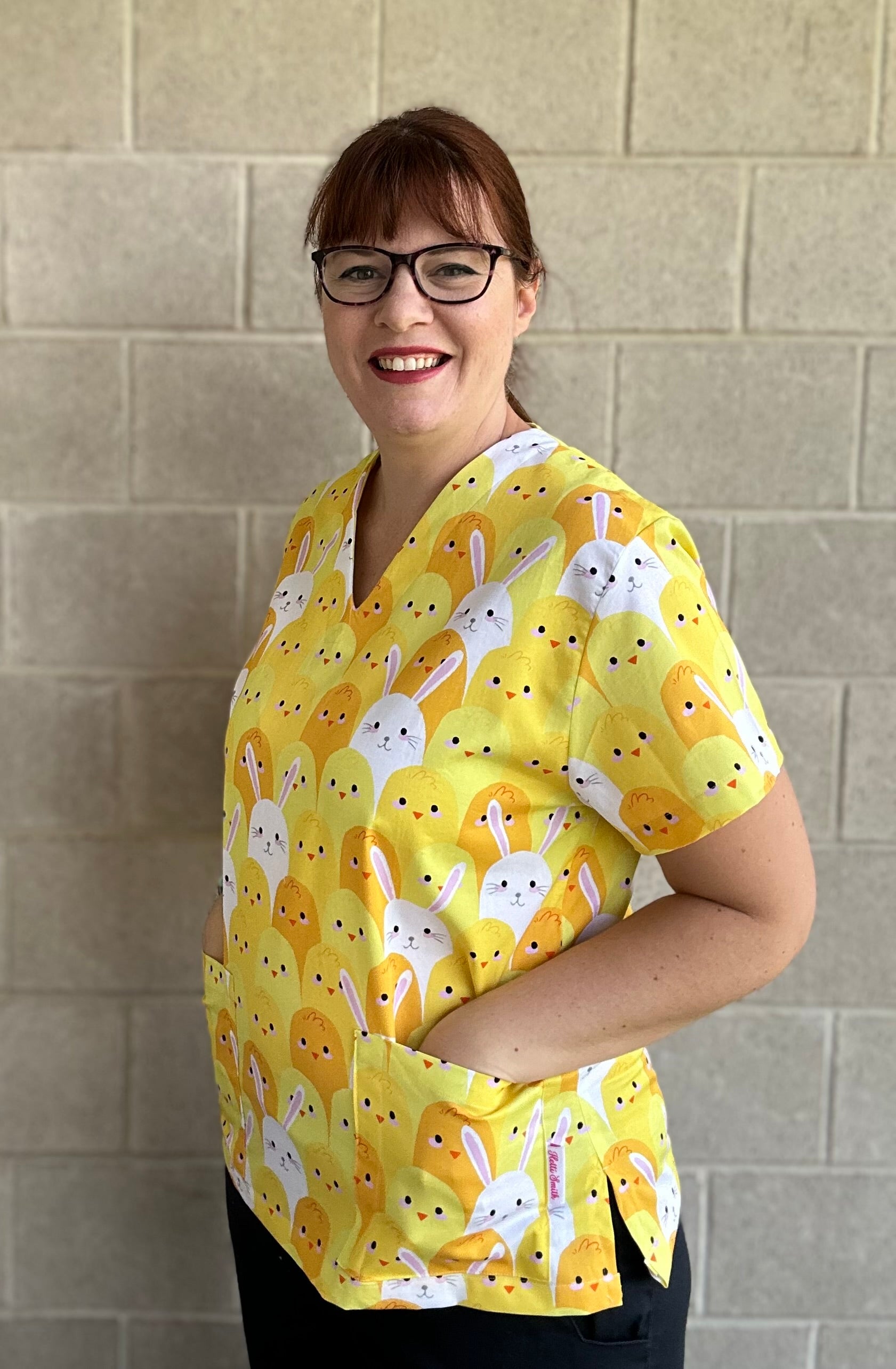 Bunnies and Chickens scrub top ( one left: XS-XXL only)