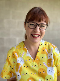 Bunnies and Chickens scrub top ( one left: XS-XXL only)