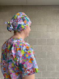 80’s Mash up blue Scrub Cap (for long hair)