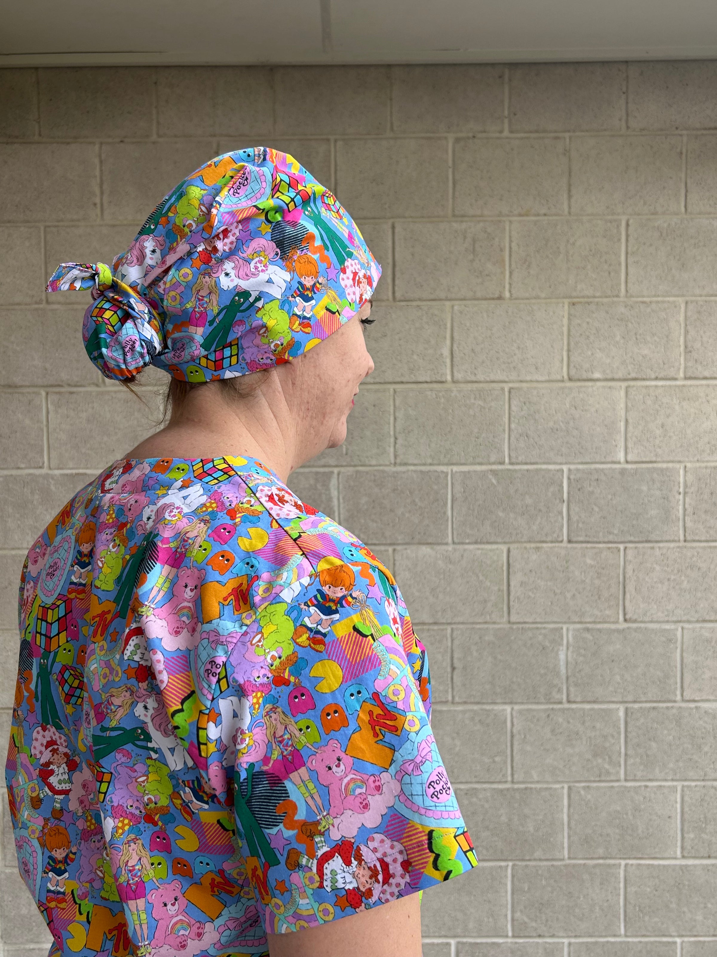 80’s Mash up blue Scrub Cap (for long hair)