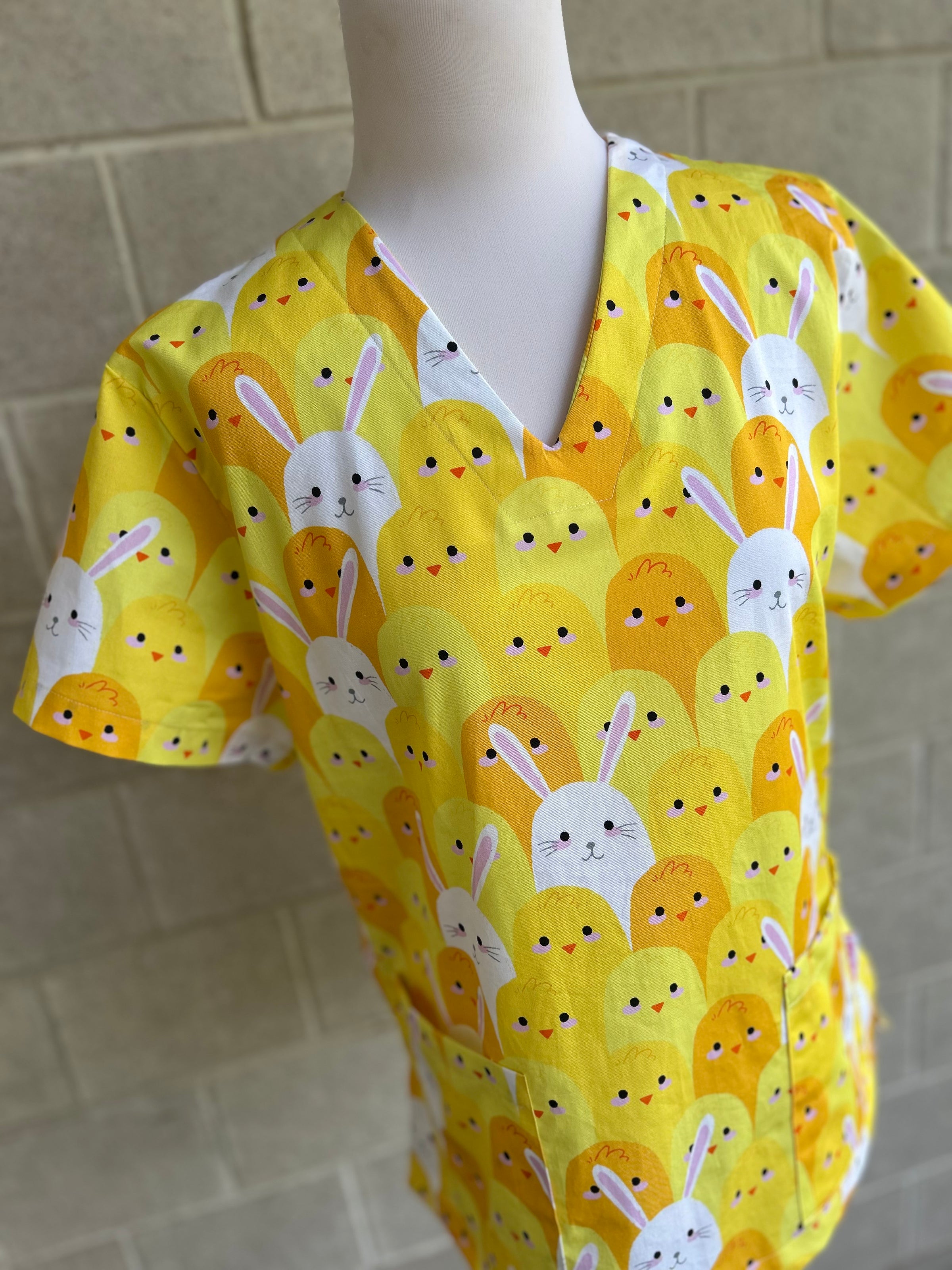 Bunnies and Chickens scrub top ( one left: XS-XXL only)