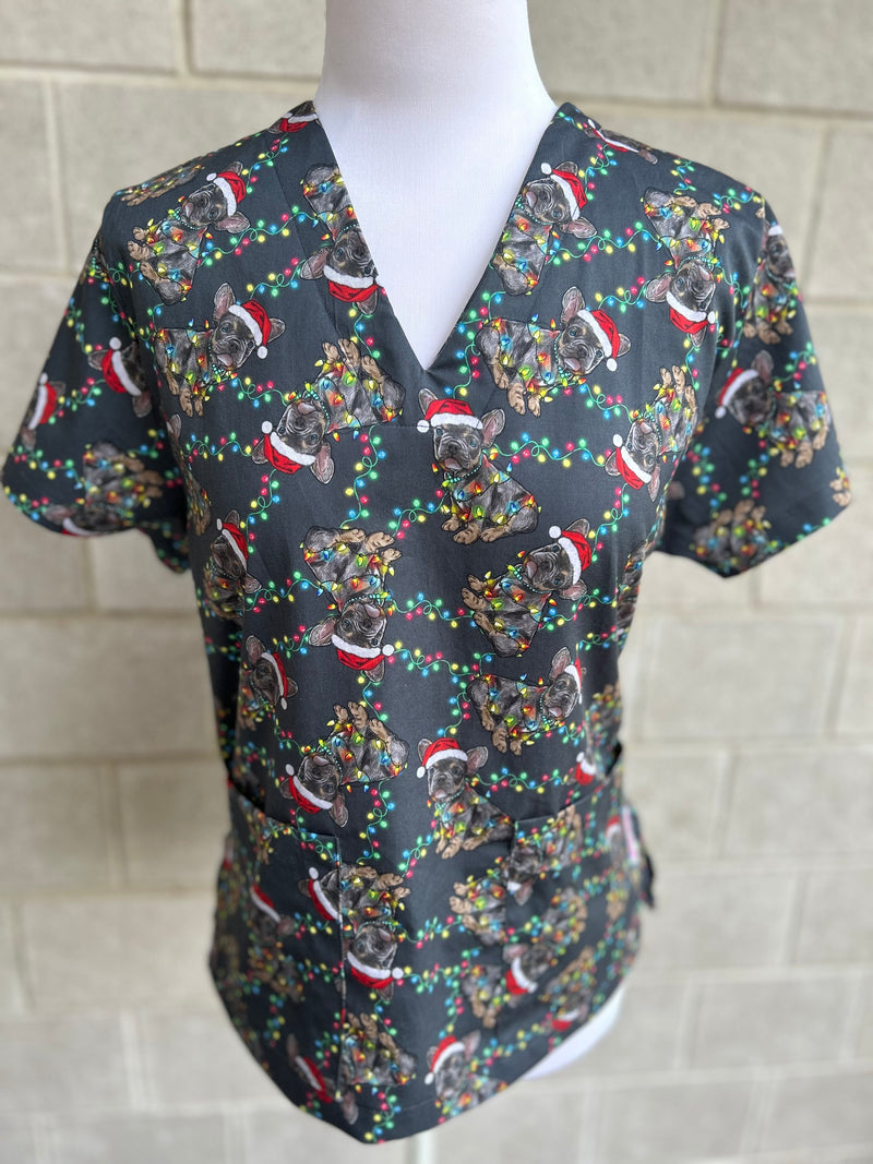 Festive frenchie friends scrub top ( one left: size XS, S, M, L or XL only)