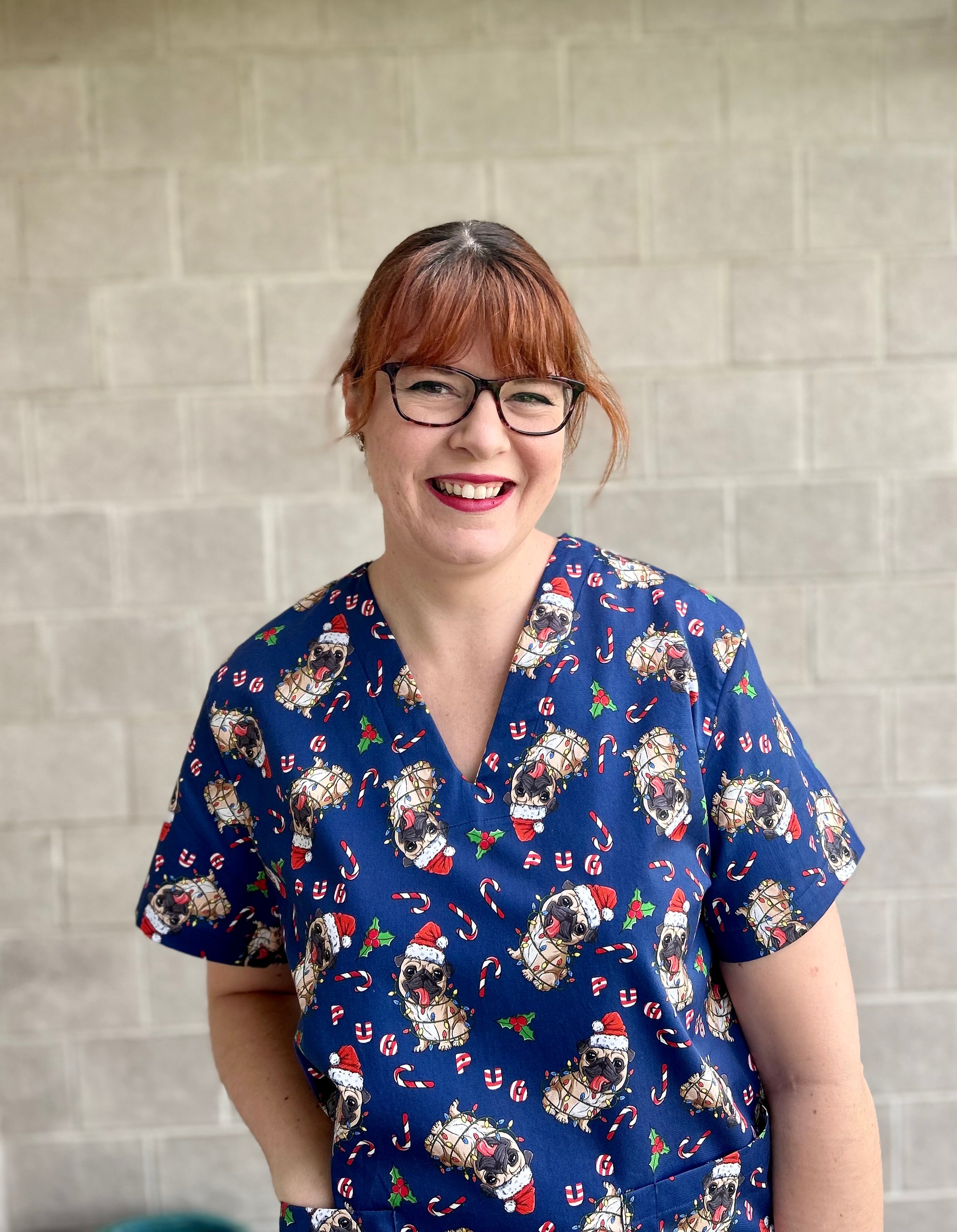 A pugtastic christmas scrub top ( ONE LEFT: XS, S, M, L or XL)