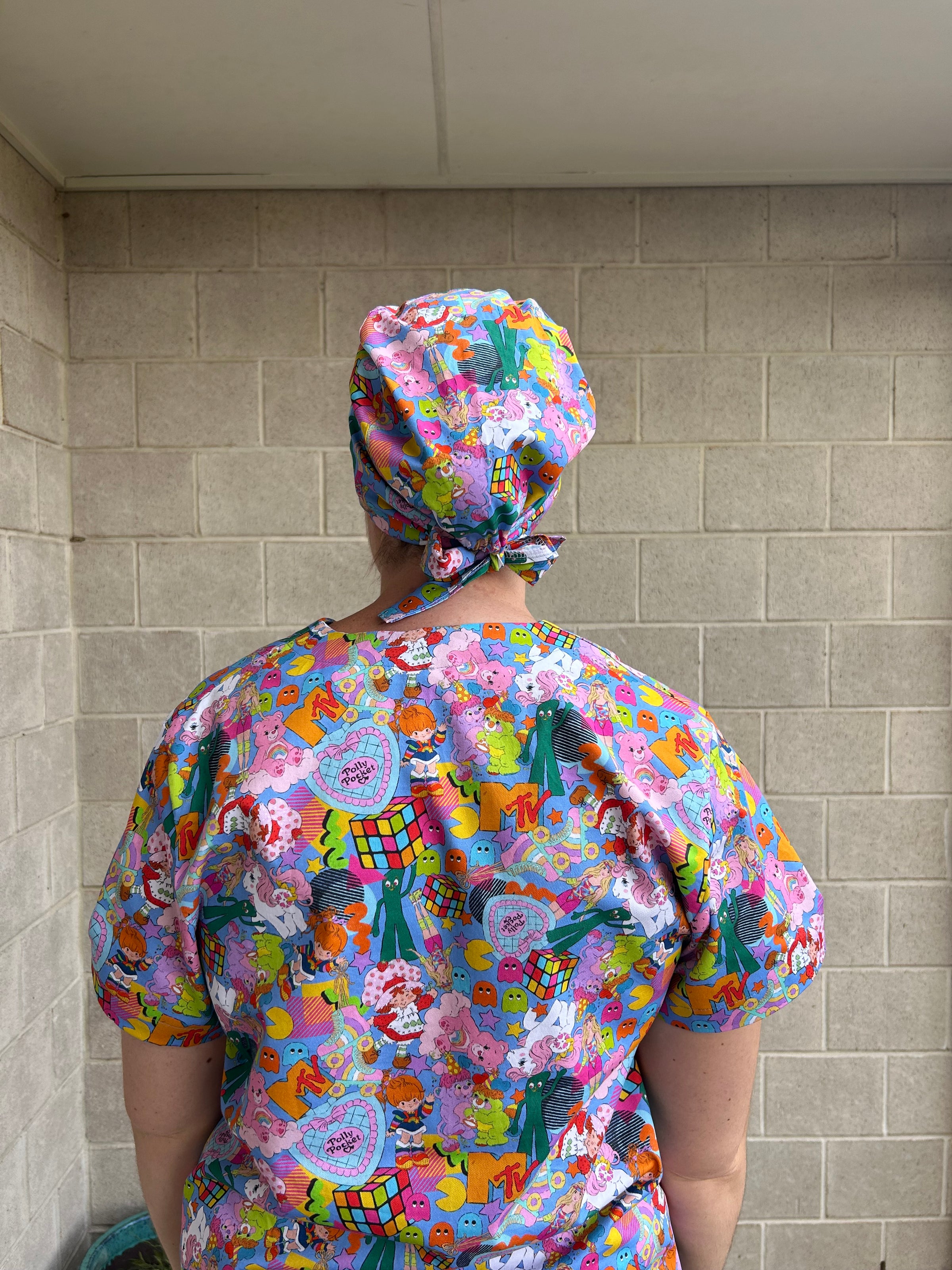 80’s Mash up blue Scrub Cap (for long hair)