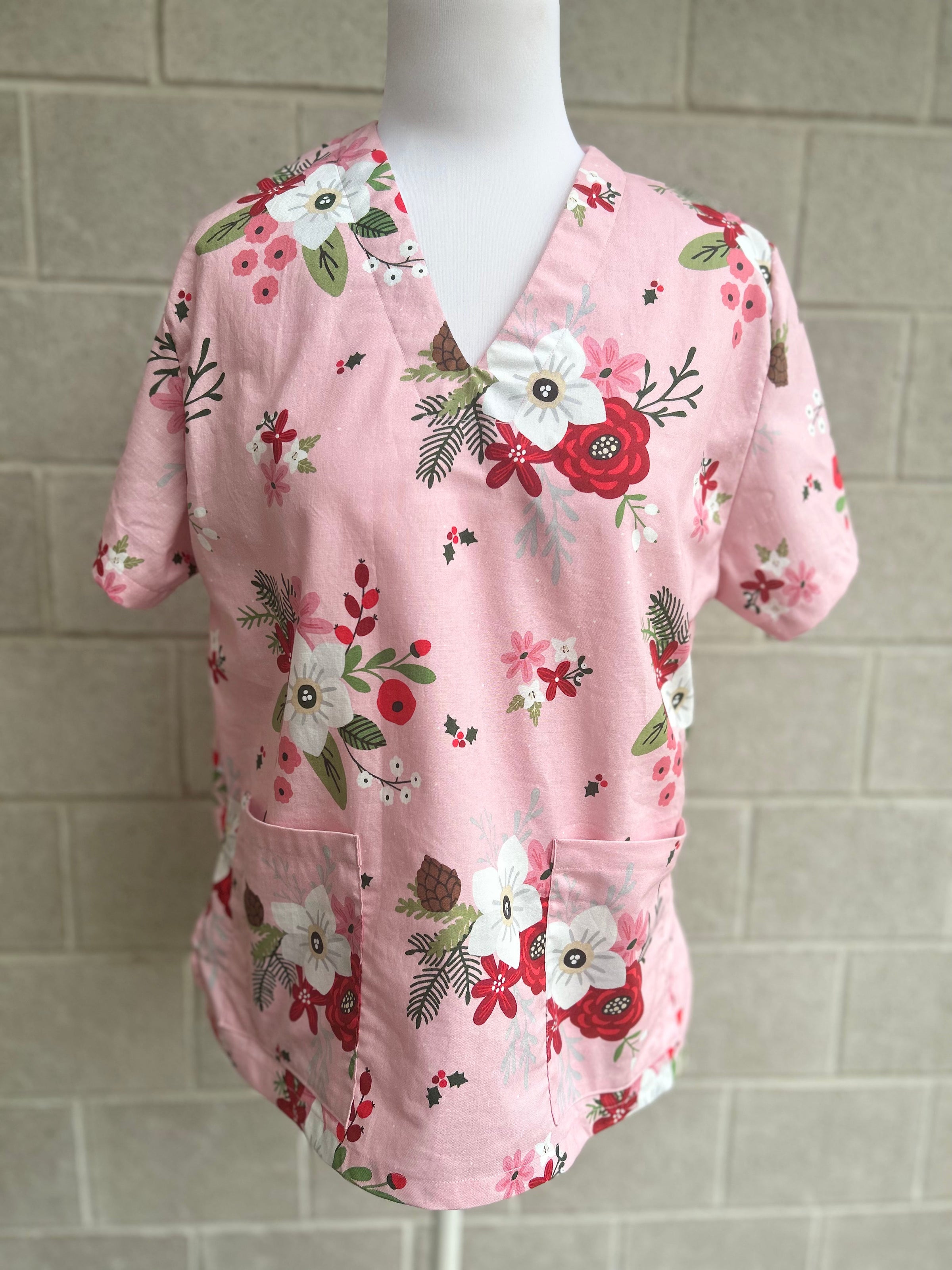 Pink Holly Holiday Scrub top (Ready Made)