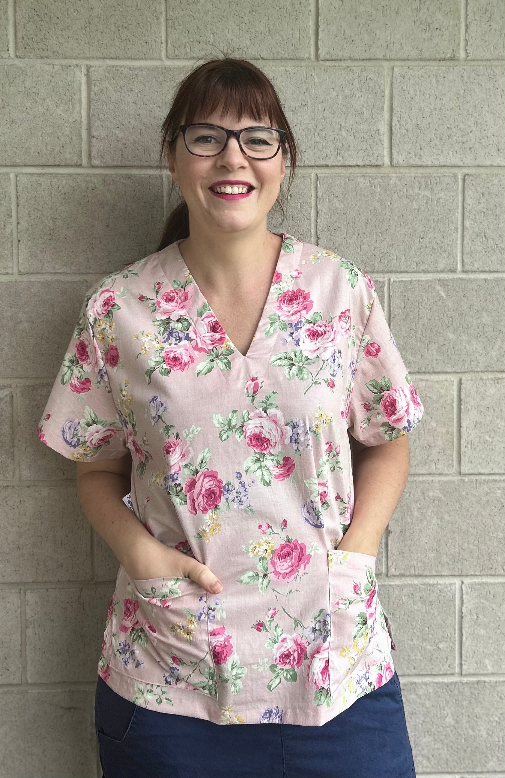 Dusty pink floral Scrub top.