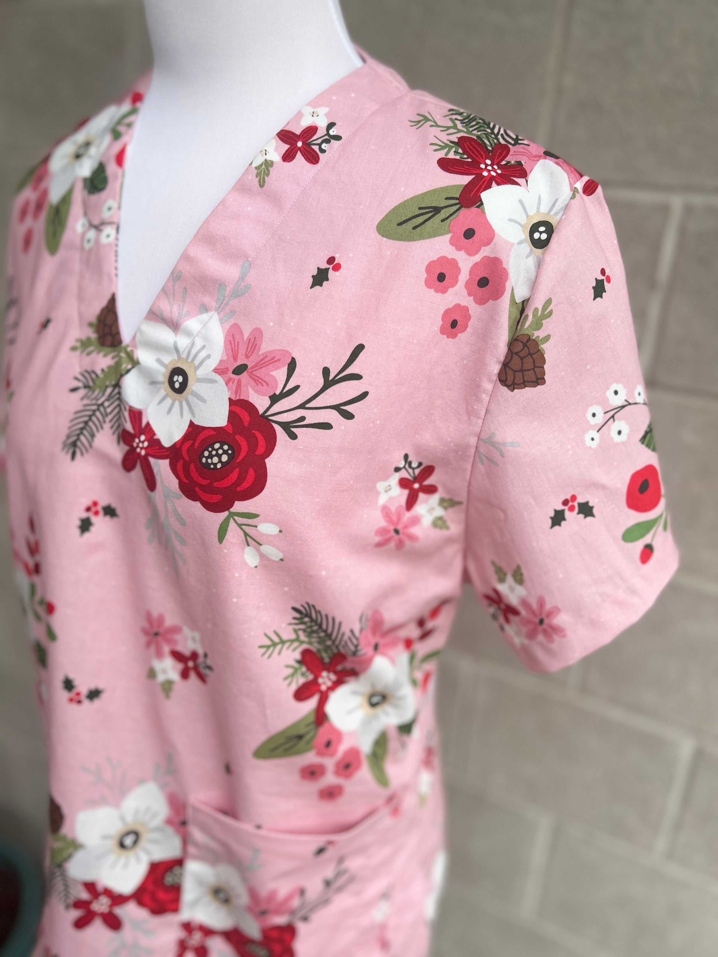 Pink Holly Holiday Scrub top (Ready Made)