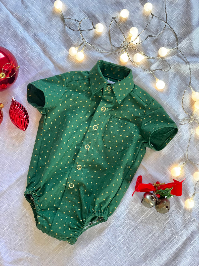 Green with gold polka dot shirt/romper