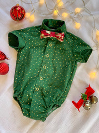 Green with gold polka dot shirt/romper