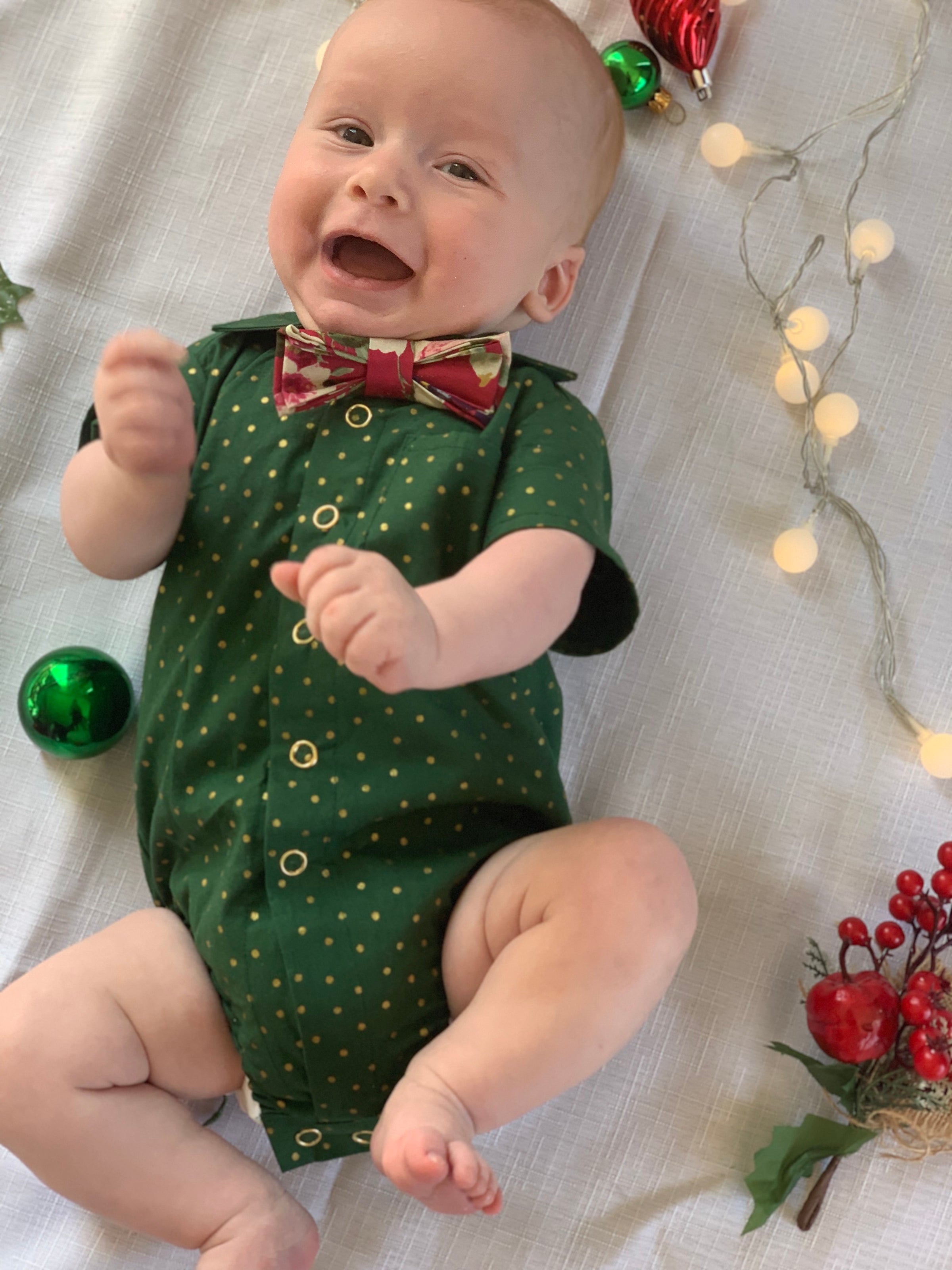 Green with gold polka dot shirt/romper